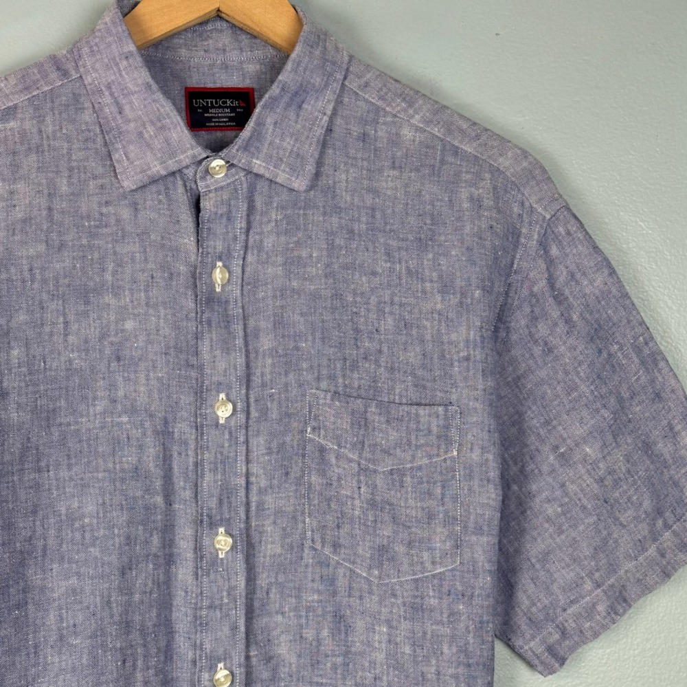 UNTUCKit Valente Mens Medium Blue Short Sleeve 100% Linen Button Down Camp Shirt